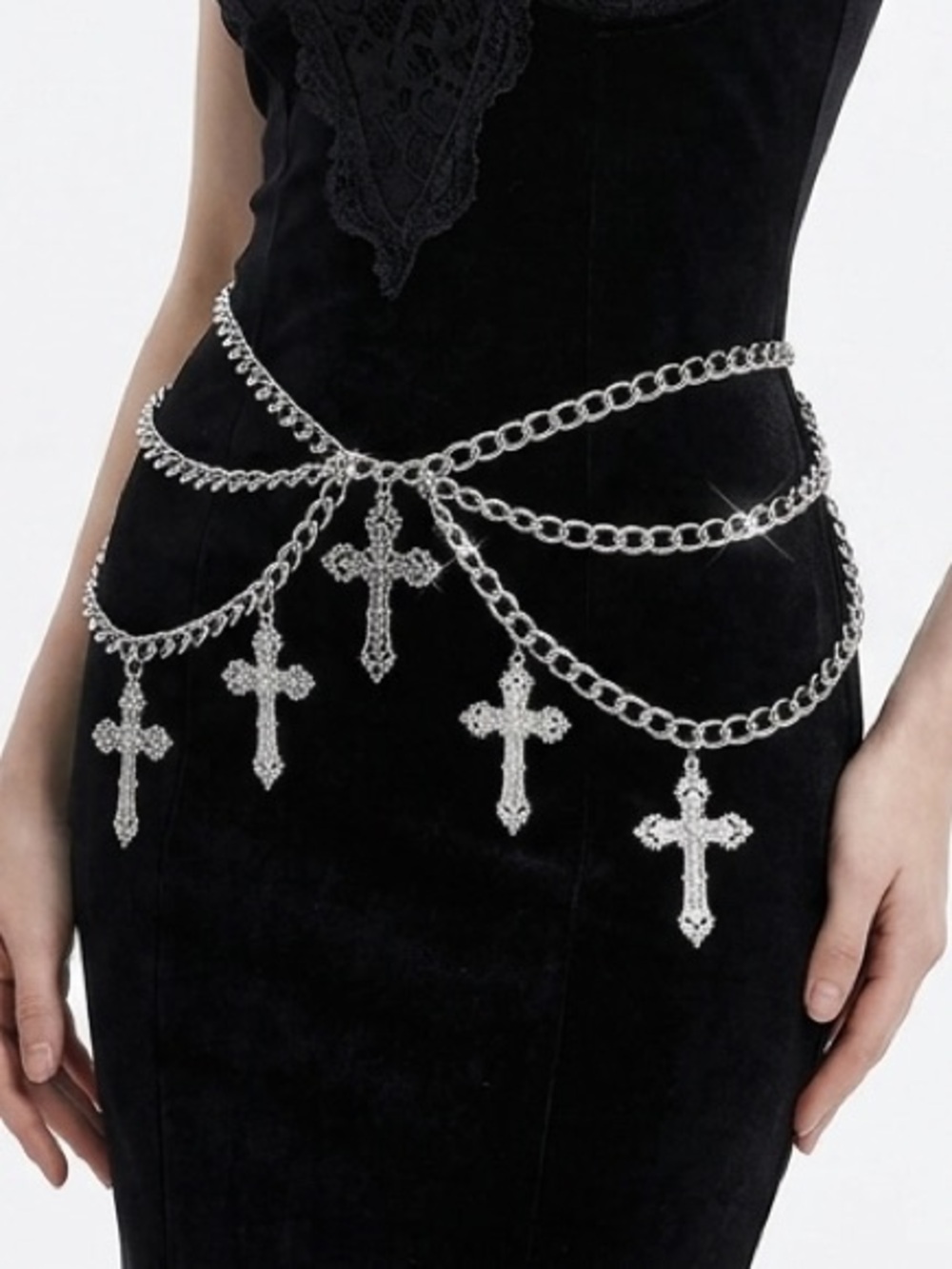 Gothic Silver Cross Charm Layered Chain Waist Belt - Women's Accessories